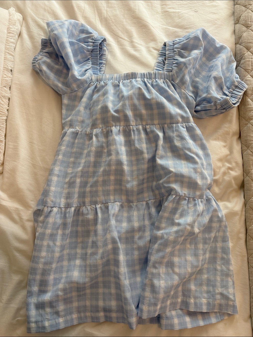 Girls Blue Gingham Puff-Sleeve Dress